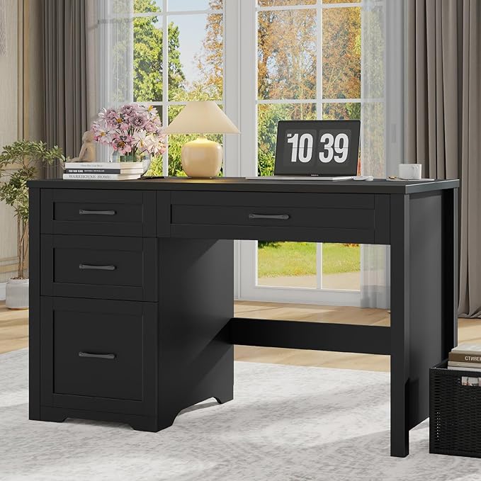 Farmhouse 47" Executive Desk with File Drawer, Wood Computer Desk with 3 Storage Drawers, Workstation for Home Office, Study, Writing(Black)