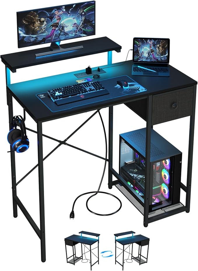 X-cosrack 33.5" Small Gaming Desk with LED Lights & Power Outlets, Compact Computer Desk with Monitor Stand & CPU Stand, Gamer Table with Storage Drawer, Side Hooks for Home Office, Bedroom, Black