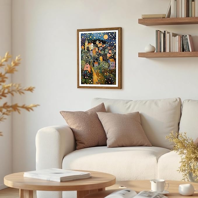 AVECCO Framed Colorful House Village Night Canvas Wall Art, Gustav Klimt Style Moon Stars Tree Wall Decor, Vibrant Starry Landscape Prints for Bathroom Living Room Bedroom Dining Room Office 12x16 in