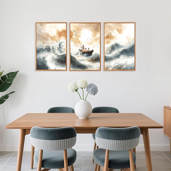 CHDITB Matthew 8:23-34 Jesus Calms The Storm Framed Canvas Wall Art(16"x24"), 3 Panels Watercolor Christian Bible Story Artwork Prints, Large Religious Faith LDS Decor for Home Office Bedroom