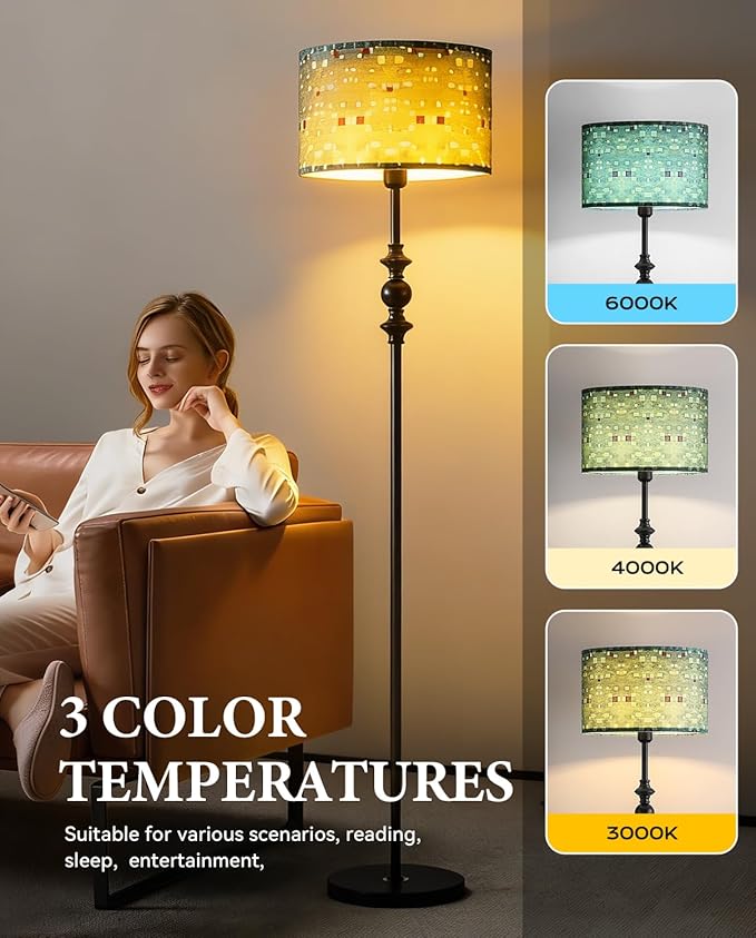 Vintage 63” Tall Floor Lamp for Living Room Bedroom, with Green Print Shade, Green Mid Century Modern Floor Lamp for Bedroom Office