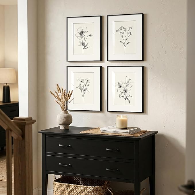 Framed Vintage Botanical Wall Art Set, 4 Piece Minimalist Black and White Floral Prints Artwork for Walls, Neutral Flower Pictures for Modern Farmhouse Bedroom Living Room Bathroom Wall Decor, 12x16