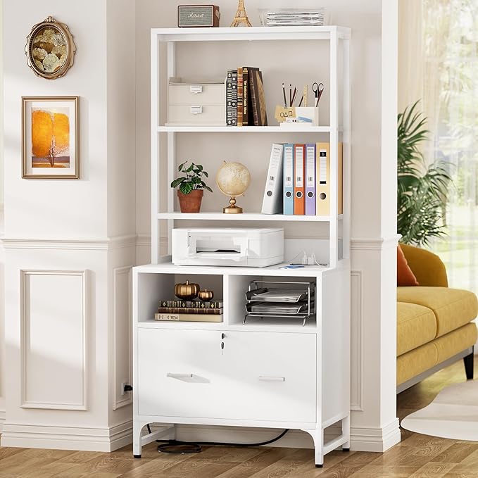 Homieasy Vertical File Cabinet with Charging Station, Lock & Large Drawer, Printer Stand with Storage Shelves, Office Storage Cabinet fits Letter/A4/Legal Size, White