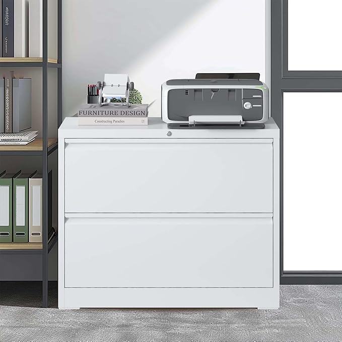 2 Drawer Lateral File Cabinet with Lock for Home Office Metal Filing Cabinet with Adjustable Hanging Bars Horizontal Filing Organization Storage Cabinet for Letter/Legal/A4/F4 Size White
