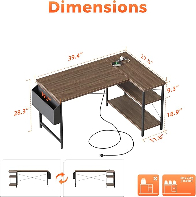 Mericonia Small L Shaped Computer Desk with Power Outlets, Reversible Gaming Desk with Storage Shelves, Corner Gamer Desk Table, Study Writing Table