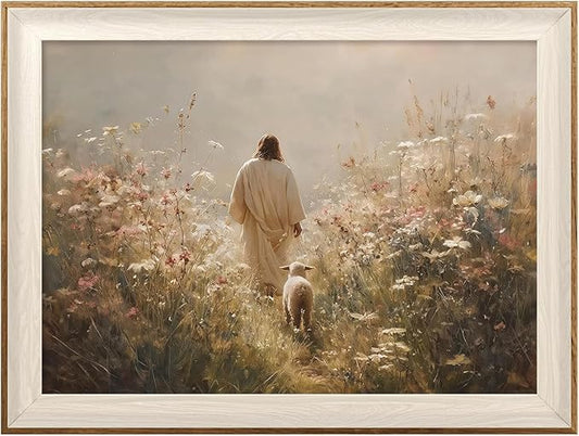 ASTRDECOR Jesus Leaves the 99 Sheep Canvas Wall Art Christian Bible Story Decor, Lost Sheep Painting with Wildflowers for Bedroom, Prayer Room, Church & Home Decoration, 12x16Inch