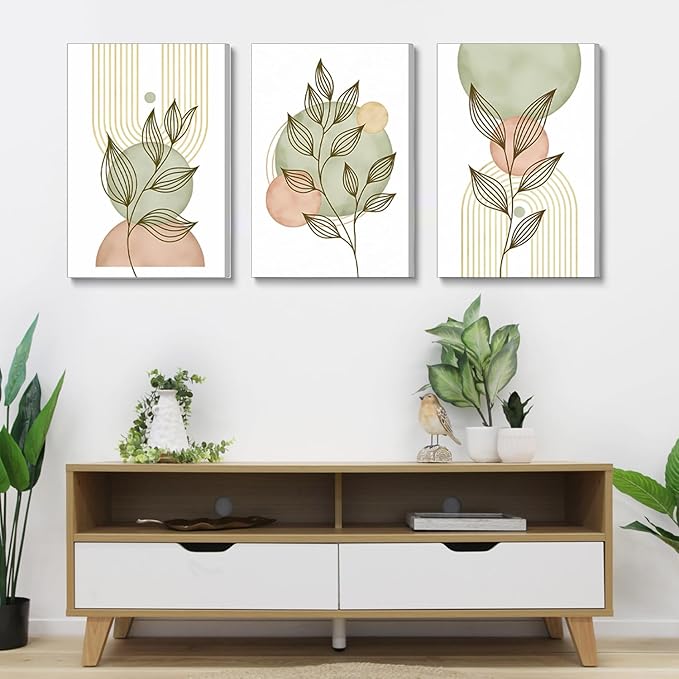 3Pcs Framed Sage Green Boho Canvas Wall Art Modern PinkBotanical Posters Print Abstract With Leafr Pictures Wall Decoration For Living Room Bedroom Bathroom