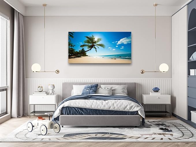 Muolunna X0650 Large Canvas Wall Art Summer Ocean Waves Prints Coconut Trees Beach Seascape Painting Hawaii Sea Nature Pictures Stretched and Framed for Living Room Home Office Wall Decor Artwork