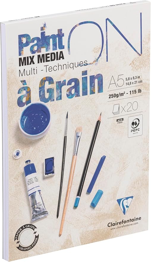 Clairefontaine - Ref 975048C - Paint'ON Multi-Technique Paper with Grain Glued Pad (20 Sheets) - A5 Size, 250gsm Heavyweight Paper, Extra White Acid Free, pH Neutral