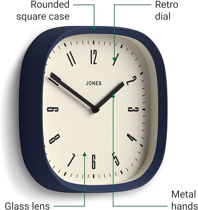 JONES CLOCKS® Marvel Wall Clock | Modern Retro Rounded Square Clock | 10 inch | Indigo Blue | Cool Designer Look for Kitchen, Living Room or Office