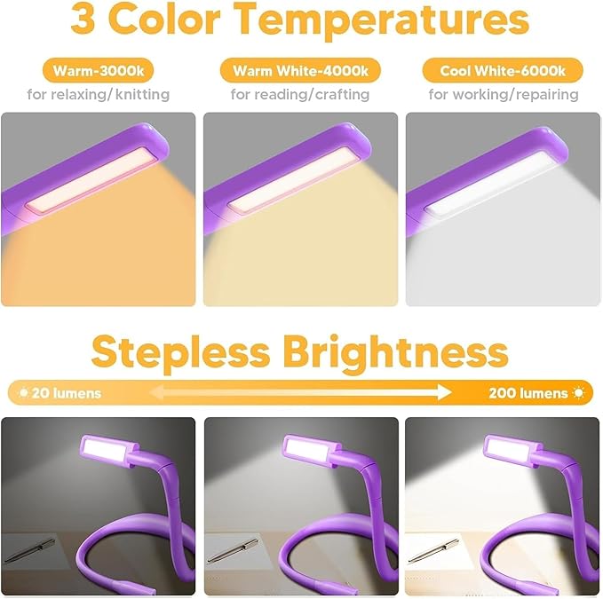 Voilet Neck Light with Storage Case, 10-80Hrs Eye-friendly Book Reading Light Knitting Crochet Sewing Craft Light Rechargeable Adjustable, Mothers Day Gifts for Mom Women Book Lovers Knitters Crafters