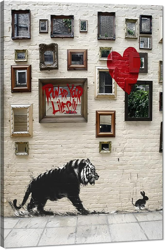 Modern Home Office Wall Decor Paintings Run for Your Lives Motivational Graffiti Artwork Tiger and Rabbit Poster and Prints Framed Easy to Hang-24x36 inch