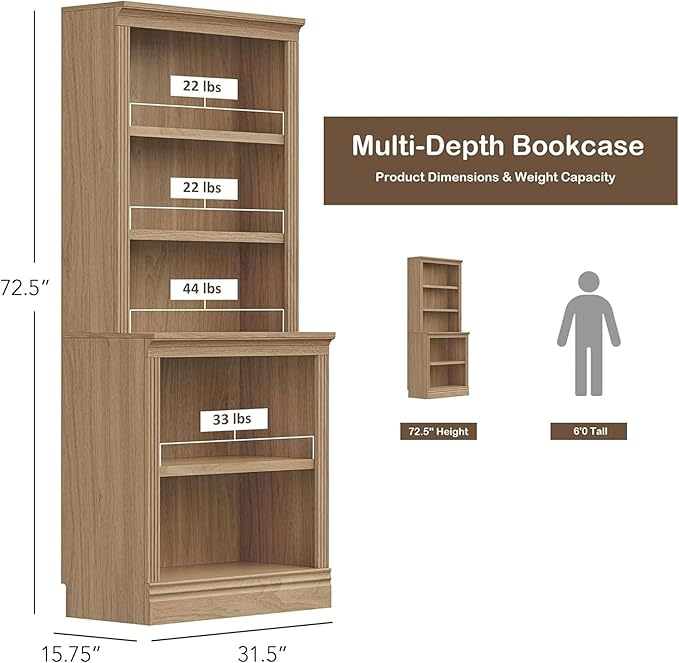 JAHRSTIM Halston Multi-Depth Bookcase, Adjustable Storage Open Display Shelving Unit for Home and Office Space, 31.5”L x 15.75”W x 72.8”H, Oak
