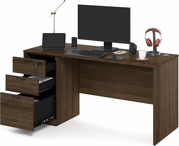 Furinno Roger 60 Inch Executive Desk with File Cabinet, Home Office Desk with 3-Drawer Fixed Pedestal Filing Cabinet, Desk Cord Grommet, for Home Office, Modern Walnut