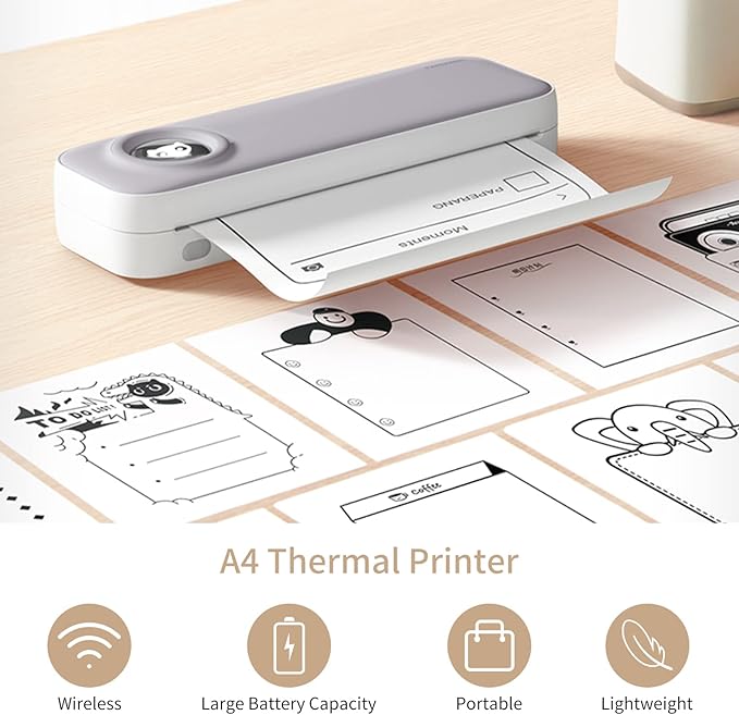 F2S A4 Size Portable Printer Thermal Printing Wireless BT Travel Mobile Printer Port 4/8 inch Compatible with Android and iOS Window System for Outdoors Home Office Students and