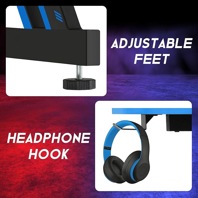 35 in Gaming Desk Z-Shaped Game Computer Desk with Hook Cheap PC Game Table Home Office Desks for Bed Sofa, Gaming Workstation for Kid, Easy to Install, Lightweight to Move, Blue
