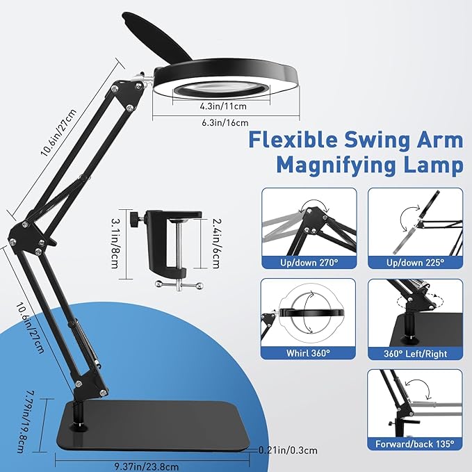 15X Desk Magnifying Glass with Light and Stand,Real Glass EyeCare LED Lighted Magnifier,5 Color Modes Stepless Dimmable,Hands Free 2-in-1 Desk Lamp for Craft Reading Painting Hobby Close Work