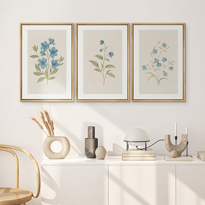 SIGNWIN Framed Canvas Print Wall Art Set Blue Floral Botanical Vintage Wildflower Illustrations Modern Art Decorative Nordic Abstract for Living Room, Bedroom, Office - 24"x36"x3 Natural