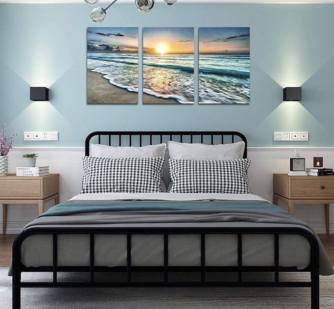 Canvas Wall Art Beach Sunset Ocean Waves Wall Decor 3 Pieces x 16" x 24" Modern Seascape Canvas Artwork Contemporary Nature Pictures Painting Giclee Prints Framed Ready to Hang for Home Decoration