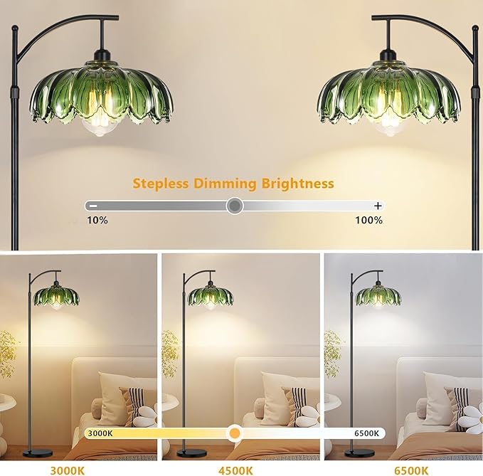 Glass Floor Lamp for Living Room,Bedroom,Mid Century Modern Standing Lamp with Remote,Dimmable Black Tall Lamp Lamp Vintage Retro Arc Floor Lamps Flower Floor Light Boho Bohemian