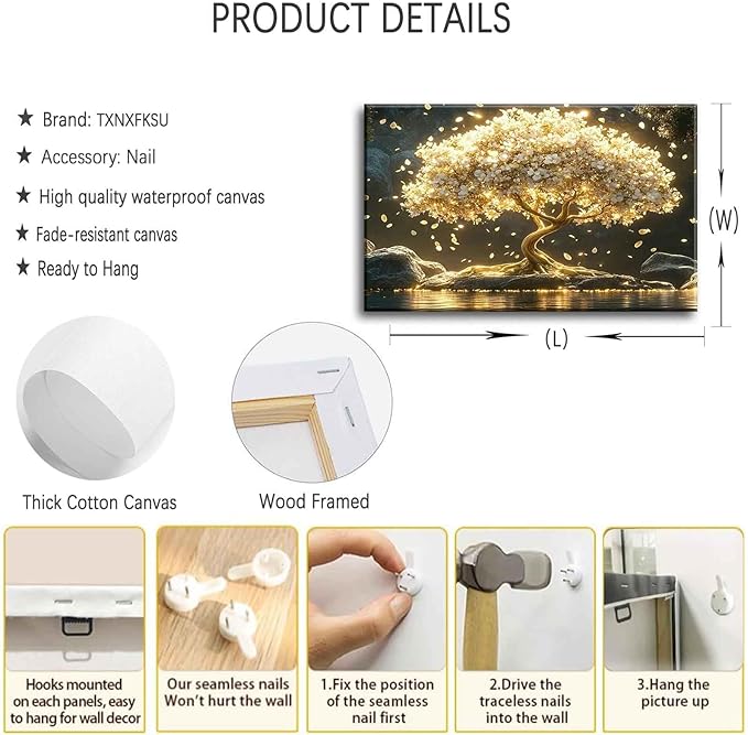 Large Tree of Life Canvas Wall Art Abstract Gold Tree Mountain Lake Decor painting Pictures Nordic Golden White Flowers Posters Prints for living room Bathroom Bedroom Office Hallway Home Decoration