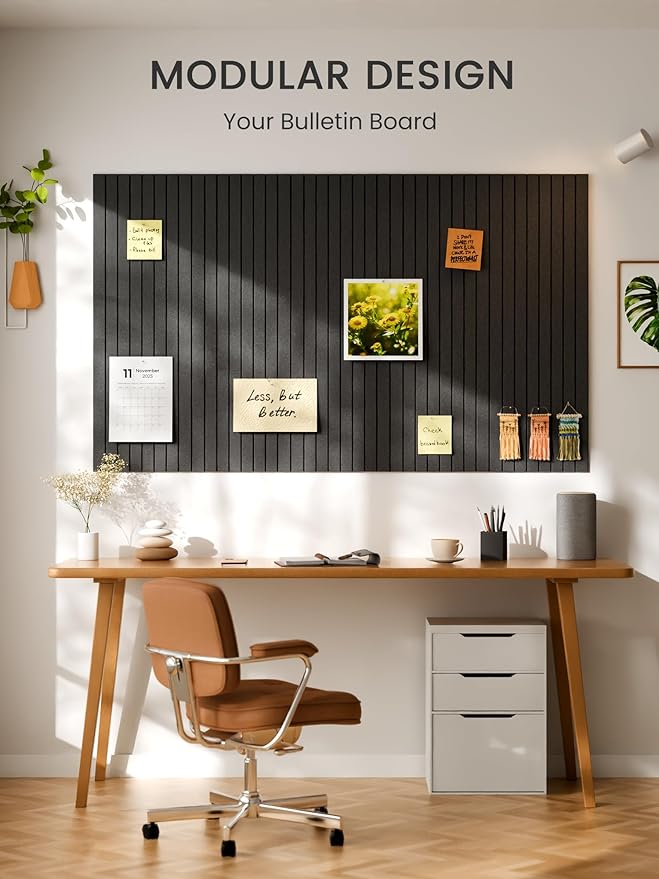 Bumusty Large Cork Board Alternative-48 x 36" Felt Bulletin Board Tiles, with 30 Pushpins, 70 Adhesive Tabs, 12-Pack Slat Wall Paneling, Cork Boards for Office Push Pin Board Felt Board-Charcoal Gray