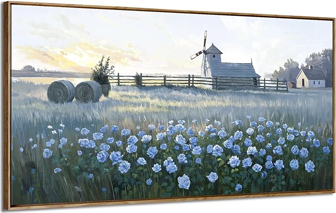 amatop Farmhouse Wall Art, Large Framed Canvas Print - Rustic Vintage Country Landscape with Blue Floral Sunset, Nature Artwork Picture for Dining Room, Living Room, Bedroom and Kitchen Decor (48x24 Inch)