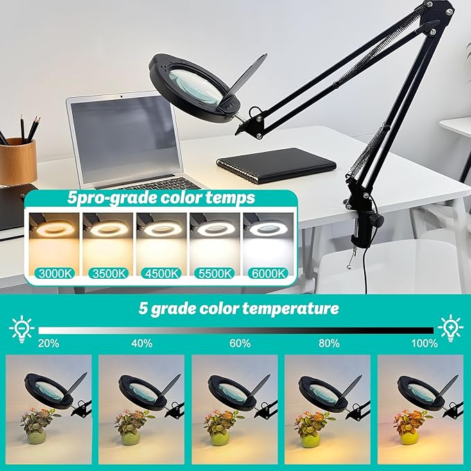 15X LED Magnifying Light, 5 Color Modes Dimmable LED Desk Lamp with Clamp, Long Arm Hands Free Desk Magnifier Light with Dust Cover for Crafts Hobby Painting Sewing Close Work