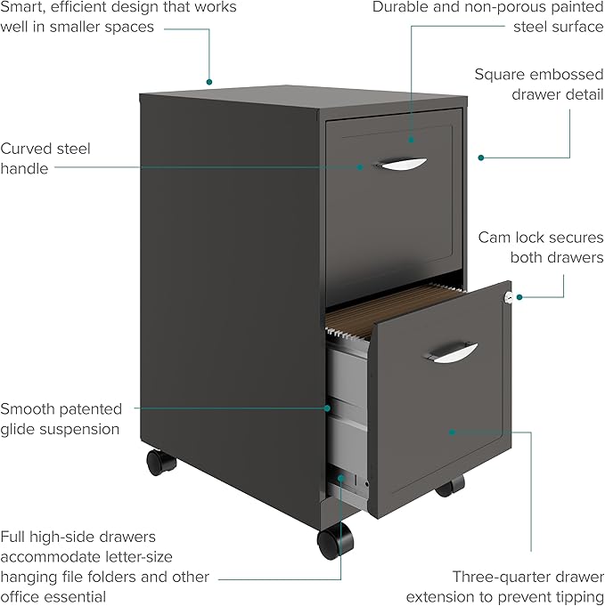 Space Solutions - 2 Drawer Fully Assembled Vertical Steel File Cabinet, Home & Small Office Use, Fits Under Most Desks, Letter-Size, Lock, Mobile, Metallic Charcoal