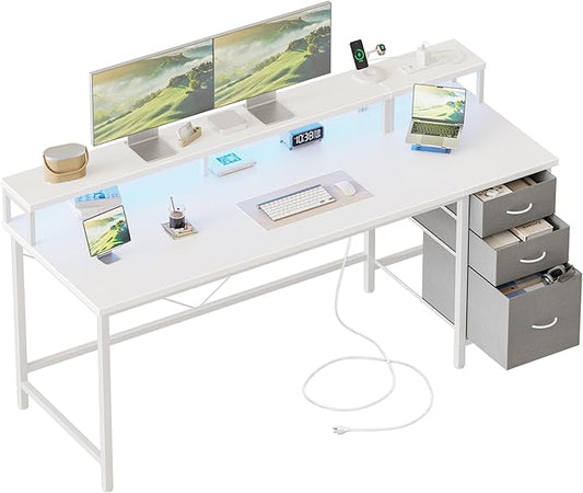 Mericonia Computer Desk 63 inch with Power Outlets & LED Lights, Gaming Desk with 3 Drawers for Home Office, Small Desk with Monitor Stand for Small Spaces, Study Writing Desk
