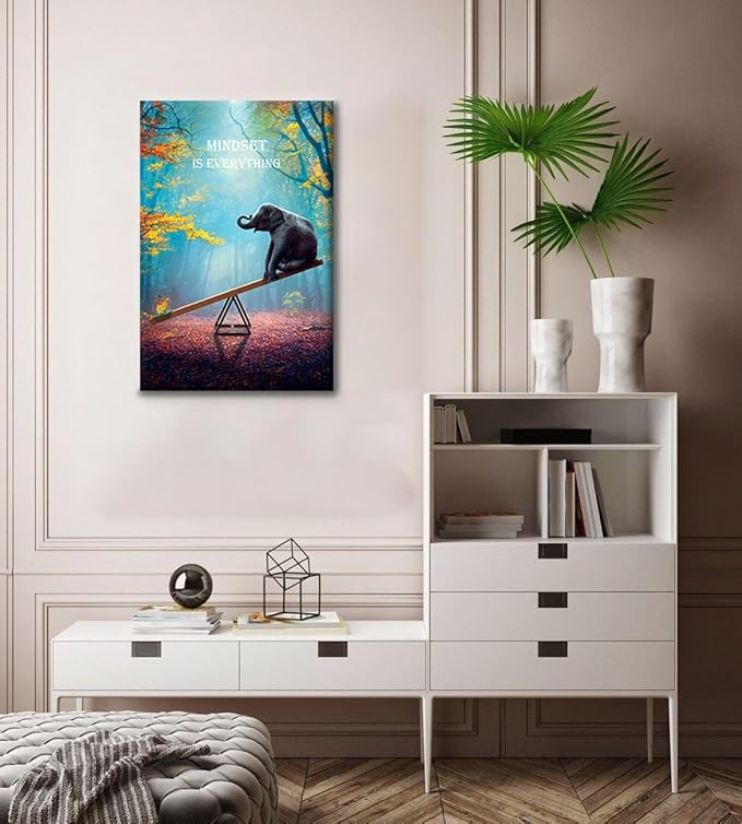 Elephant Wall Art Mindset Motivation Office Wall Canvas Animals Poster Framed Artwork for Living room Ready to Hang (16x24 inch)
