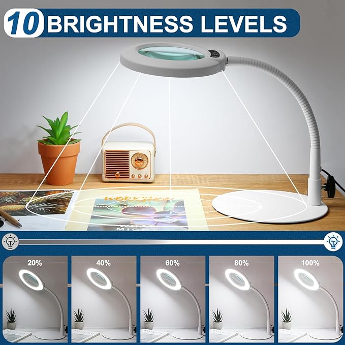 10X Magnifying Glass with Light, Real Glass Lens, 5 Color Modes Dimmable, Flexible Gooseneck Lighted Magnifier with Stand, LED Desk Lamp Hands Free for Crafts Painting Reading Close Work, White