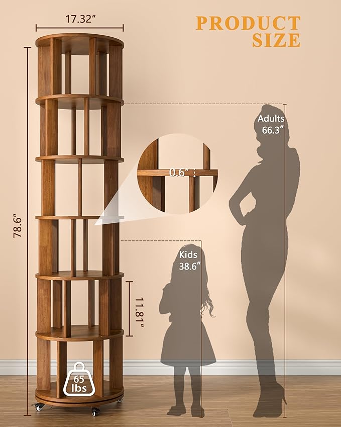 Rotating Bookshelf, 6 Tier Solid Wood Bookshelf Tower with Lockable Wheels, 360° Spinning Revolving Bookcase for Small Spaces, Corners, Bedroom, Kids Room, Home Office, Walnut