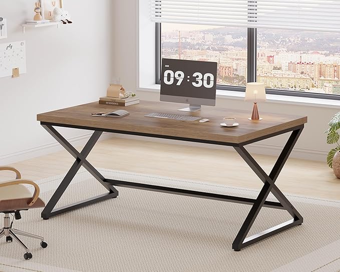 IBF 60” Rustic Computer Desk, Modern Wood Metal Home Office Desk, Farmhouse Work Desk for Writing Study in Bedroom, Minimalist Laptop Executive Workstation Computer Gaming Table, Rustic Oak, 60 in