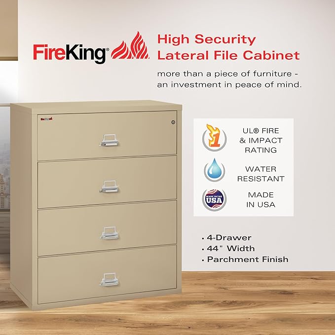 Fireking Fireproof Lateral File Cabinet (4 Drawers, Impact Resistant, Water Resistant), 44" W x 22" D, Parchment, Made in USA