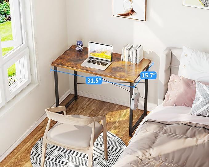 Casaottima 32 Inch Small Computer Desk for Home Office, Study Writing Table for Small Spaces, Simple Modern Desk with Headphone Hooks, Rustic Brown