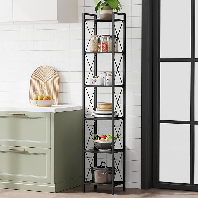 Homhedy 6 Tier Bookshelf, Tall Narrow Bookcase for Small Space, Metal Storage Book Shelf, for Home Office, Living Room, Kitchen, Bedroom, Industrial Style, 10.4" D x 13" W x 67.4" H, Black