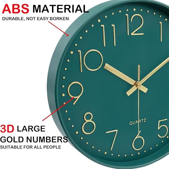 Silent Wall Clocks Battery Operated 8 Inch, Analog Wall Clock with Large Number Tempered Glass Clock Face, Dark Green Quartz Non Ticking Wall Clocks for Living Room Bedroom Kitchen Office