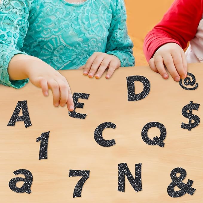 Colarr 216 Pcs Glitter Bulletin Board Letters for Classroom Number Alphabet Punctuation Symbol Cutout 4'' Die-Cut Poster Letter with Adhesive Dot School Party Holiday Decor Display(Black)