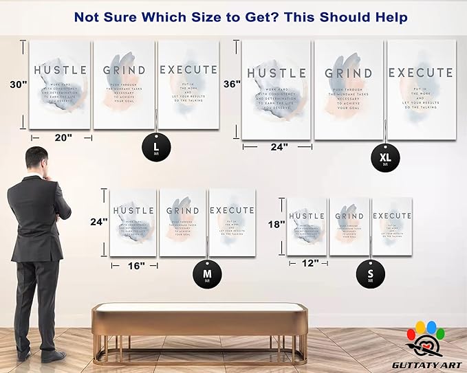 Office Wall Art - 3 Panel Motivational Wall Art, Inspirational Quotes Canvas Art for Home Office Wall Decor, Positive Quotes Wall Decor, Entrepreneur Grind Hustle Execution Poster Frame (20”x30”x3Pcs)