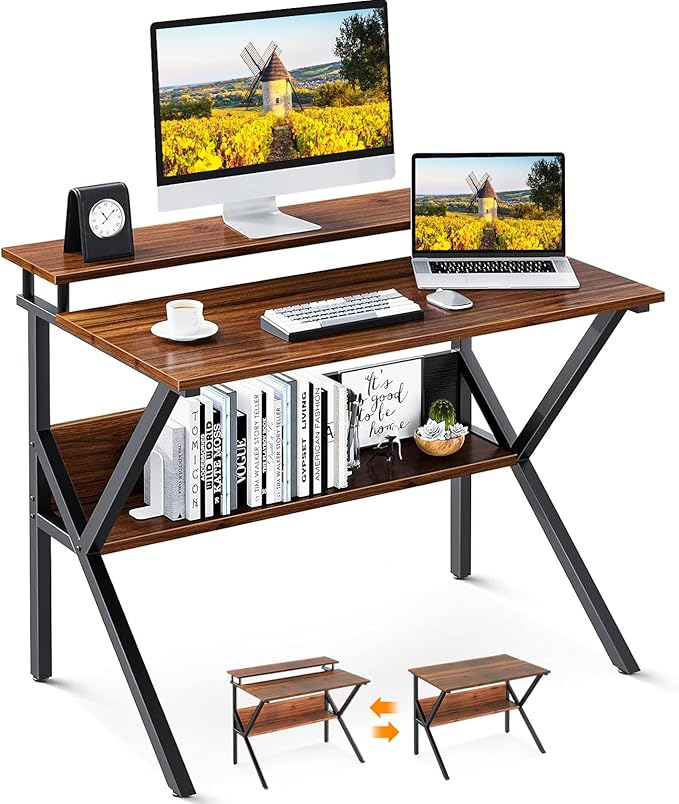 ODK Small Desk, 27.5 Inch Computer Desk for Small Spaces, Kids Desk with Storage, Study Table with Monitor Stand for Homeschool, Deep Brown