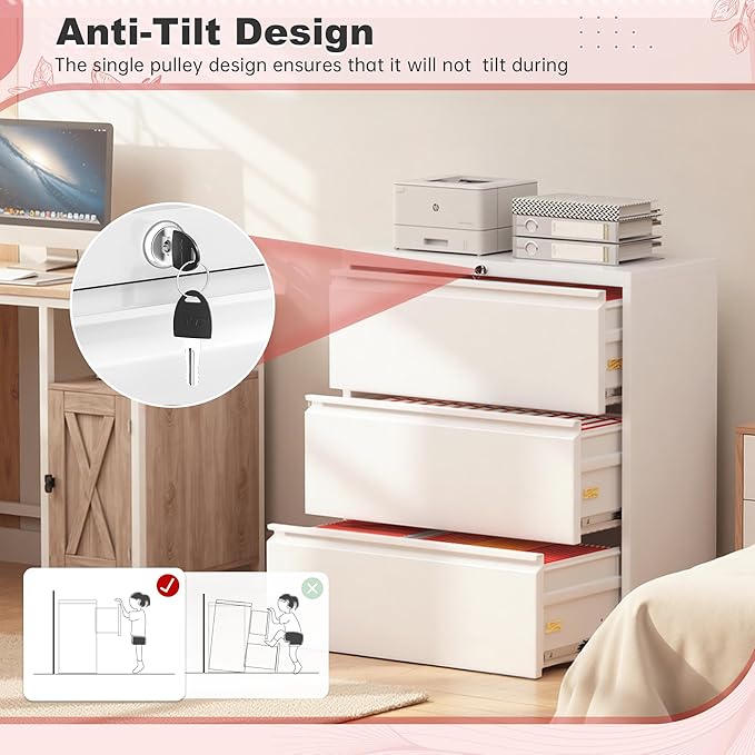 Superday Lateral File Cabinet 3 Drawer Metal File Cabinet with Lock, White Filing Cabinets for Home Office, Locking Filing Cabinets Hanging Files Letter/Legal/F4/A4