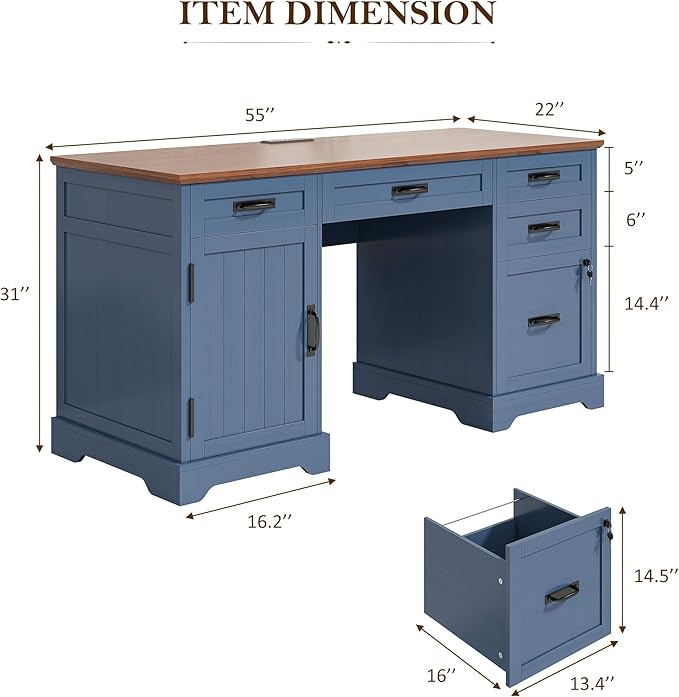Whalefall 55'' Farmhouse Desk Home Office with Drawers, Executive Computer Desk Wooden with File Cabinet and Charging Station, Blue