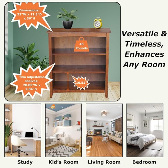 Solid Wood Bookcase 36" High, Parawood, Adjustable Shelves, Kitchen/Dining Furniture