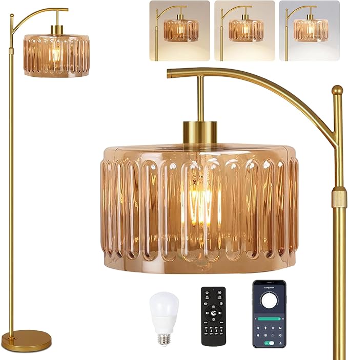 Glass Floor Lamp for Living Room,Bedroom,Gold Mid Century Modern Standing Lamp with Remote,Dimmable Brass Tall Lamp Amber Flower Lamp Vintage Floor Lamps Arc Floor Light Boho Bohemian