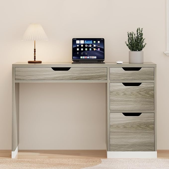 Small Computer Desk with Drawers, 48 Inch Home Office Desk with Storage for Bedroom, Wood Writing Study Desk for Small Space, Walnut