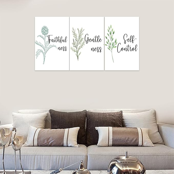 3 Piece Inspirational Wall Art, White Plant Background Picture, Quote "Faithfulness Gentleness Self-control" Canvas Print for Home Decor, Stretched And Framed Artwork for School Wall Decor(72"Wx36" H)