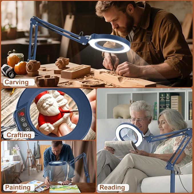 LANCOSC 10X Magnifying Glass with Light and Stand, 3-in-1 Adjustable Swing Floor Lamp, 5 Color Modes Stepless Dimmable, LED Lighted Hands Free Magnifier & Clamp for Reading, Crafts, Painting - Blue