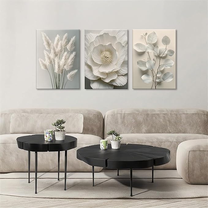 TUEASKY 3 Piece Canvas Wall Art Floral Wall Decor Neutral Pictures Flower Art Prints Botanical Paintings Beige Artwork For Bedroom Living Room