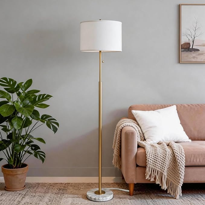Modern Floor Lamp for Living Room with White Shade, Pull Chain Switch, 66" Tall Industrial Floor Lamps Reading with Marble Base for Bedroom Office (9W LED Bulb Included) -Gold